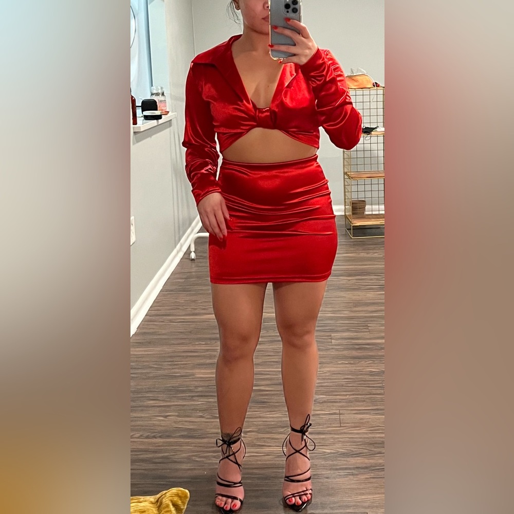Red two piece silky skirt set